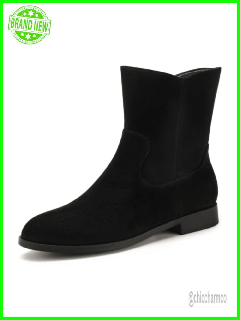 Flat Ankle Boots Stacked Low Heel Round Toe Side Zip Booties